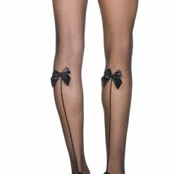 MUSIC LEGS Sheer Black Thigh High Stockings With Satin Bow