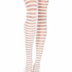 MUSIC LEGS White Sheer Striped Thigh Highs With Baby Pink Bows