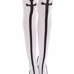 MUSIC LEGS Gothic Cross Print Thigh Highs 5 MUSIC LEGS Gothic Cross Print Thigh Highs -Stockings Shop 4629 WHITE BLACK 30105