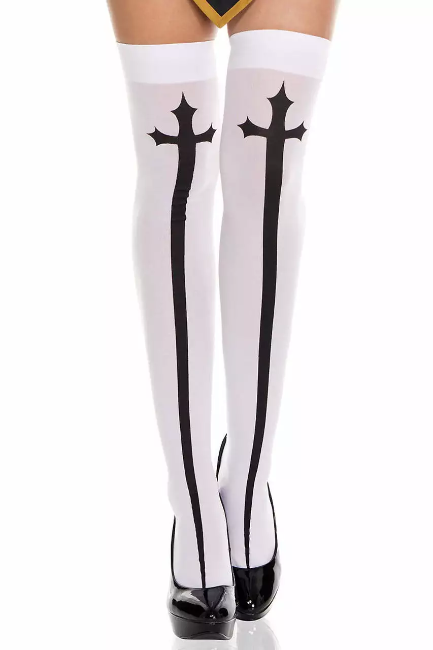 MUSIC LEGS Gothic Cross Print Thigh Highs 3 MUSIC LEGS Gothic Cross Print Thigh Highs - Image 3
