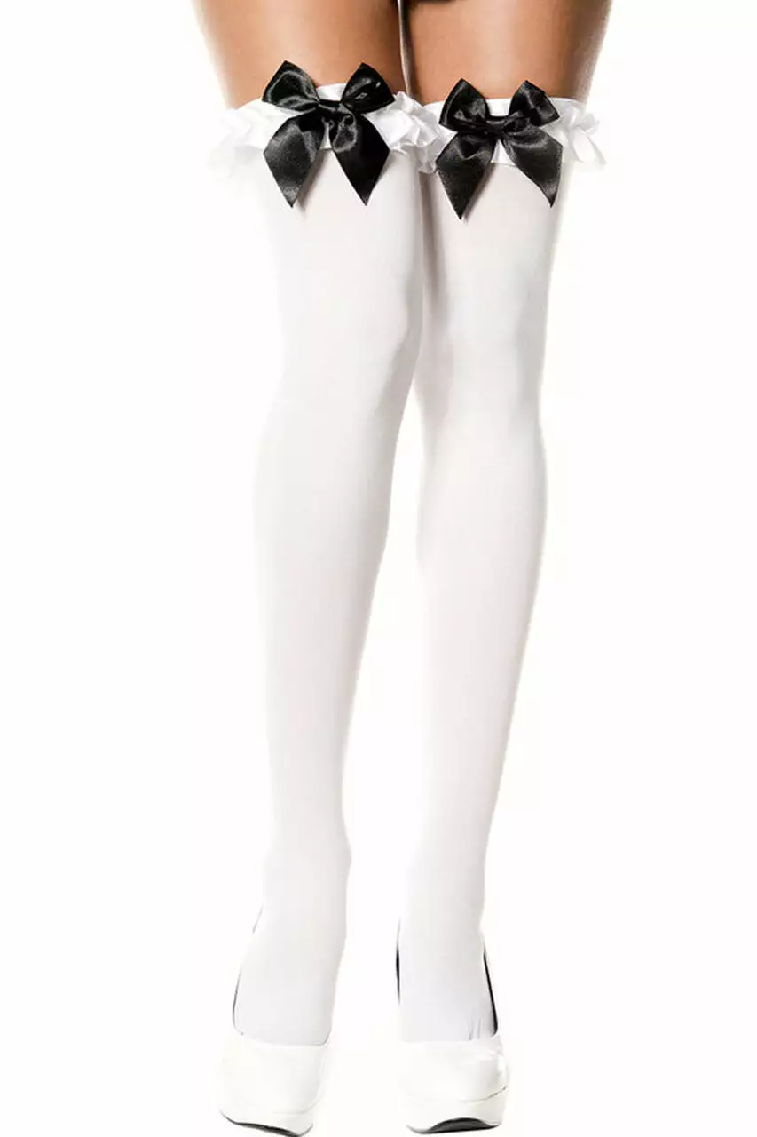 MUSIC LEGS White Thigh High Stockings With Black Bows 1 MUSIC LEGS White Thigh High Stockings With Black Bows
