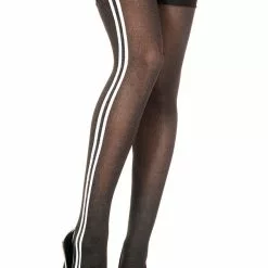 MUSIC LEGS Black Thigh Hi Stockings With Vertical White Stripes