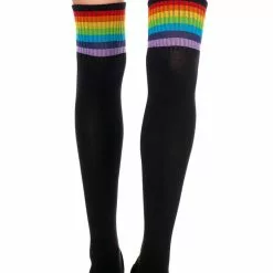 MUSIC LEGS Black Thigh High Sock Stockings With Rainbow Stripes