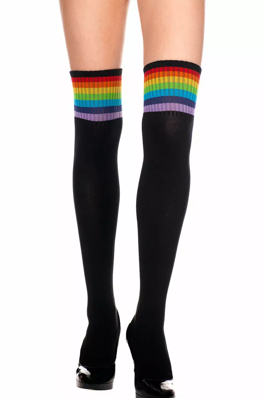 MUSIC LEGS Black Thigh High Sock Stockings With Rainbow Stripes 1 MUSIC LEGS Black Thigh High Sock Stockings With Rainbow Stripes