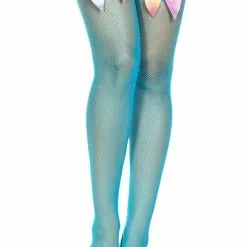 MUSIC LEGS Turquoise Thigh High Fishnet Stockings With Rainbow Bows