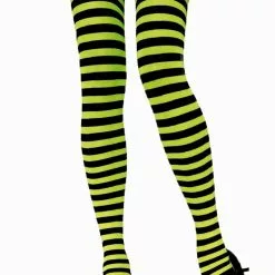 LEG AVENUE Black And Lime Green Striped Pantyhose