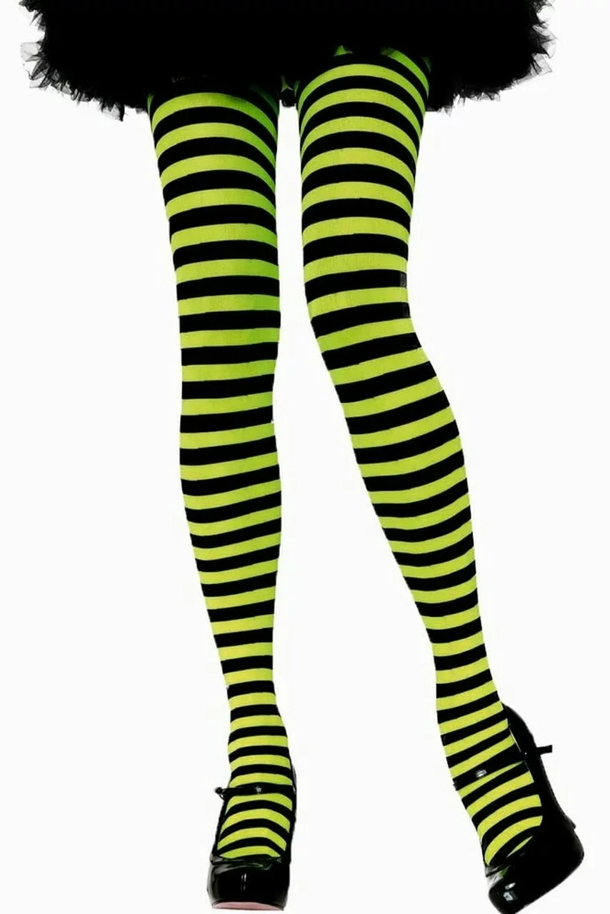 LEG AVENUE Black And Lime Green Striped Pantyhose 3 LEG AVENUE Black And Lime Green Striped Pantyhose - Image 3