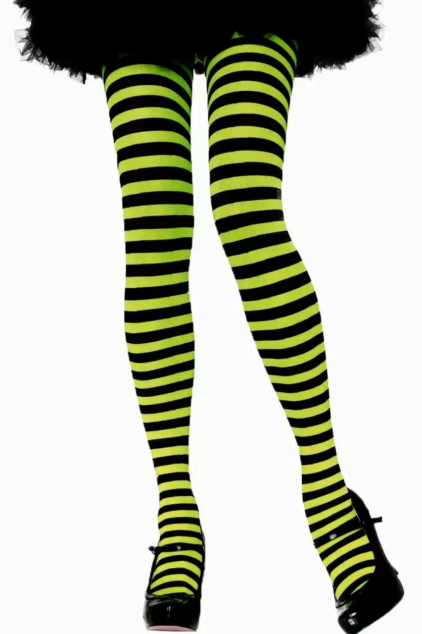 LEG AVENUE Black And Lime Green Striped Pantyhose 1 LEG AVENUE Black And Lime Green Striped Pantyhose