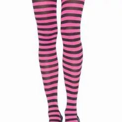 LEG AVENUE Black And Neon Pink Striped Pantyhose