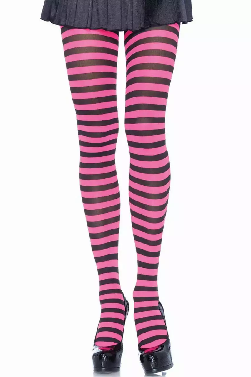 LEG AVENUE Black And Neon Pink Striped Pantyhose 1 LEG AVENUE Black And Neon Pink Striped Pantyhose