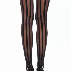 LEG AVENUE Black Vertical Striped Thigh Highs