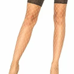 LEG AVENUE Nude Diamond Net Tights With Faux Lace Tops
