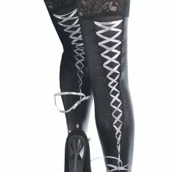 Coquette Lace Up Ribbon Wet Look Thigh High Stockings