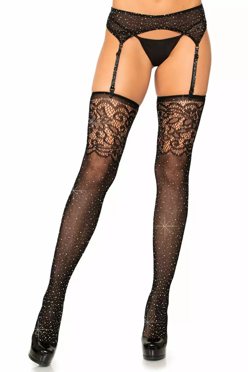 LEG AVENUE Rhinestone Lace Top Fishnet Stockings 1 LEG AVENUE Rhinestone Lace Top Fishnet Stockings