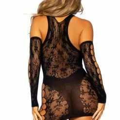 LEG AVENUE Seamless Pothole Chemise And Gloves -Stockings Shop LA86129 black back 1