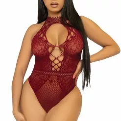 LEG AVENUE Bring The Heat Lace Bodysuit -Stockings Shop LA89307 burgundy front