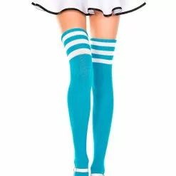 MUSIC LEGS Athletic Striped Thigh Highs -Stockings Shop ML4245 TurquoiseWhite 94201