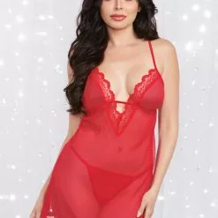 Dreamgirl Short Red Mesh Robe And Chemise -Stockings Shop Mayfair Stockings12239 Rouge FrontInset 4