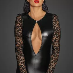 Noir Handmade Fabulous Short Long Sleeved Wetlook Dress 6 Noir Handmade Fabulous Short Long Sleeved Wetlook Dress -Stockings Shop Mayfair StockingsF253 front grey 3