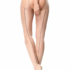 MissO 20 Denier Shiny Open Crotch Beige/Black Seamed Tights -Stockings Shop Mayfair StockingsP211 visone2 4