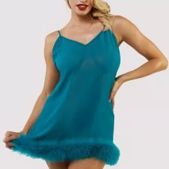 Playful Promises Bettie Page Feather Trim Teal Babydoll