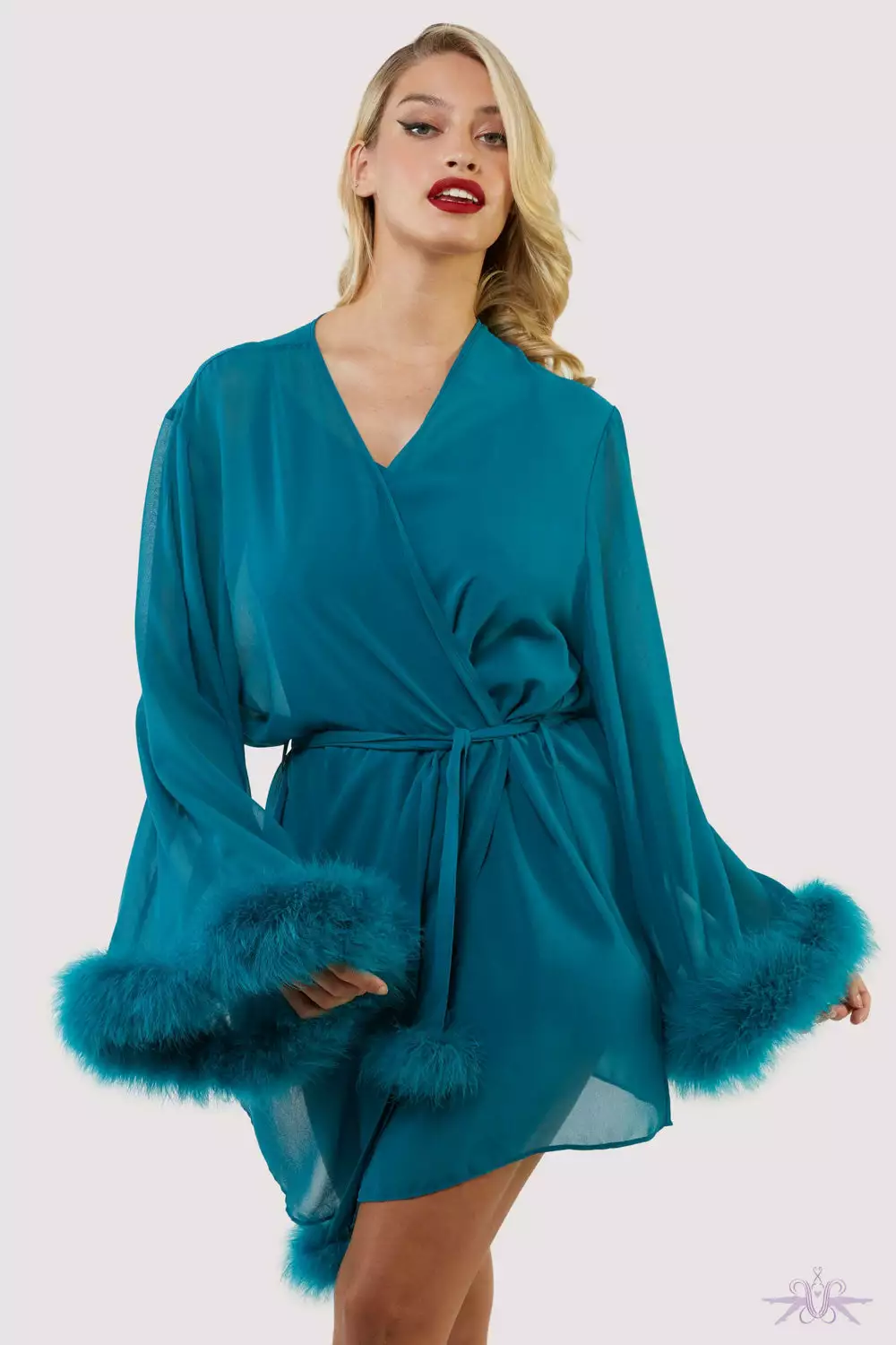 Playful Promises Bettie Page Feather Trim Teal Robe 2 Playful Promises Bettie Page Feather Trim Teal Robe - Image 2