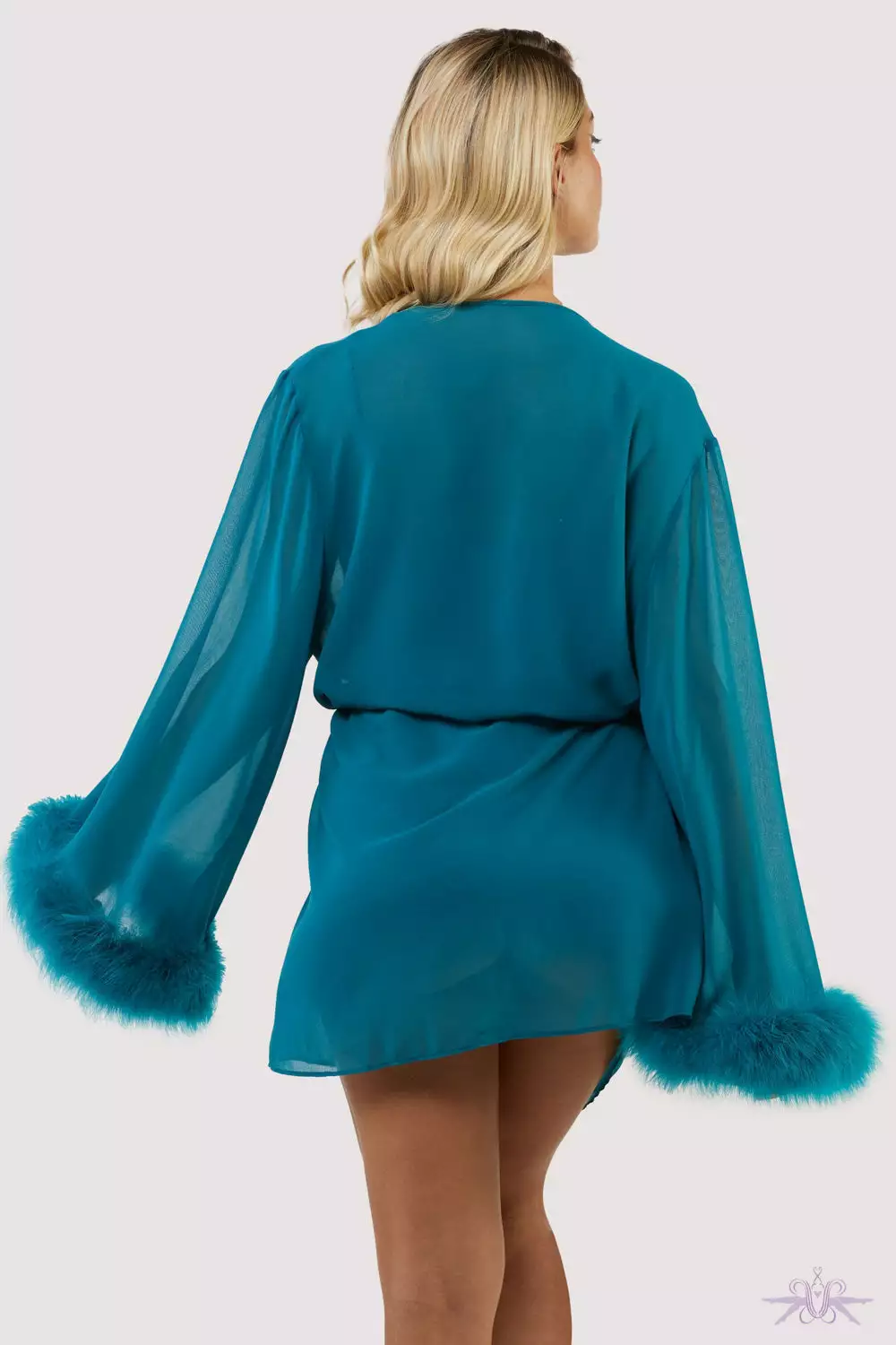 Playful Promises Bettie Page Feather Trim Teal Robe 4 Playful Promises Bettie Page Feather Trim Teal Robe - Image 4