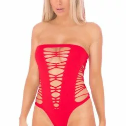 Pink Lipstick Strappy Seamless Teddy -Stockings Shop PL25036 RED front