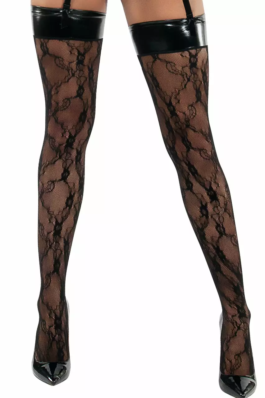 STARLINE Vinyl Top Lace Thigh Highs 1 STARLINE Vinyl Top Lace Thigh Highs