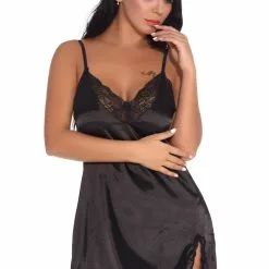 3WISHES Lovely Lace And Satin Chemise 7 3WISHES Lovely Lace And Satin Chemise -Stockings Shop W1190 Black Front 2