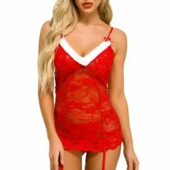 3WISHES Santa's Favorite Lace Chemise -Stockings Shop w6053 red front 2
