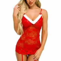3WISHES Santa's Favorite Lace Chemise -Stockings Shop w6053 red front 3