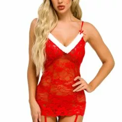 3WISHES Santa's Favorite Lace Chemise -Stockings Shop w6053 red front 4