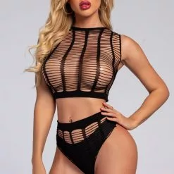 3WISHES Slashed Crop Top Set -Stockings Shop wl03 black front 2