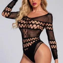 3WISHES Long Sleeve Pothole Teddy -Stockings Shop wl06 black front 2